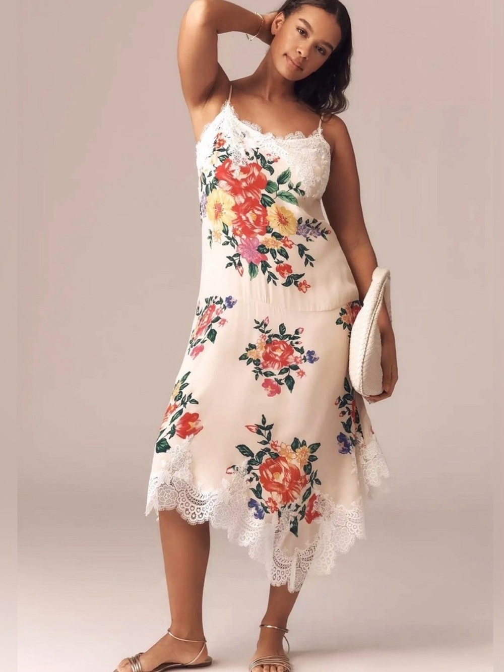 Anthropologie Cream Floral Asymmetrical Slip Dress with White Lace Trim Sz L